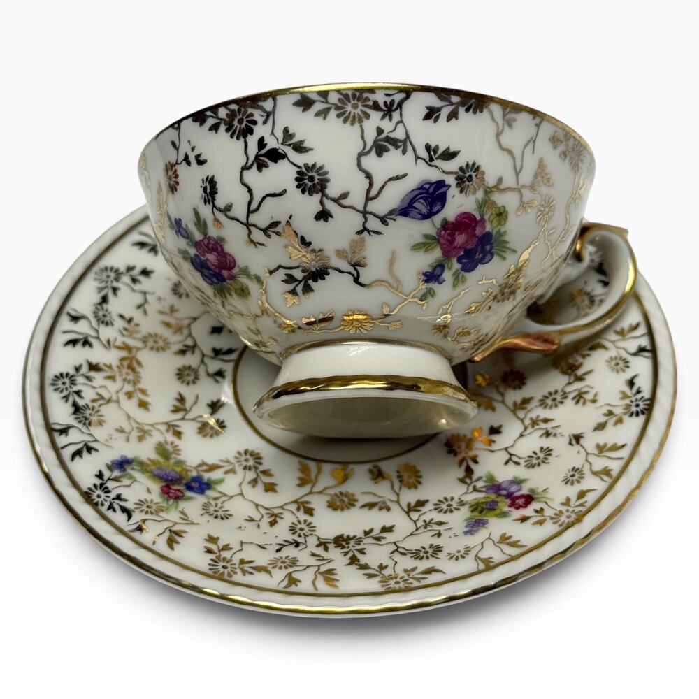 RW Rudolf Wachter Bavaria Teacup Saucer Demitasse Floral Chintzy Primrose Path